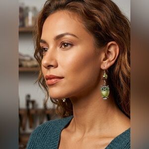 Artisan Green Owl Hand Wrapped Wire Rust Color Cloisonné Bead Earrings